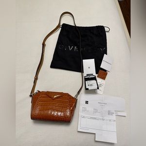 Givenchy Nano Antigona Crocodile Embossed Leather Bag - tan / orange color